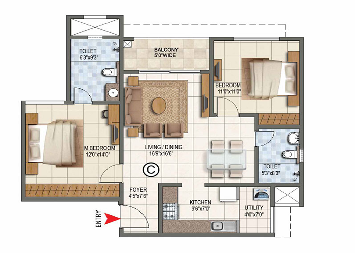 Prestige Park Ridge 2 BHK Floor Plan